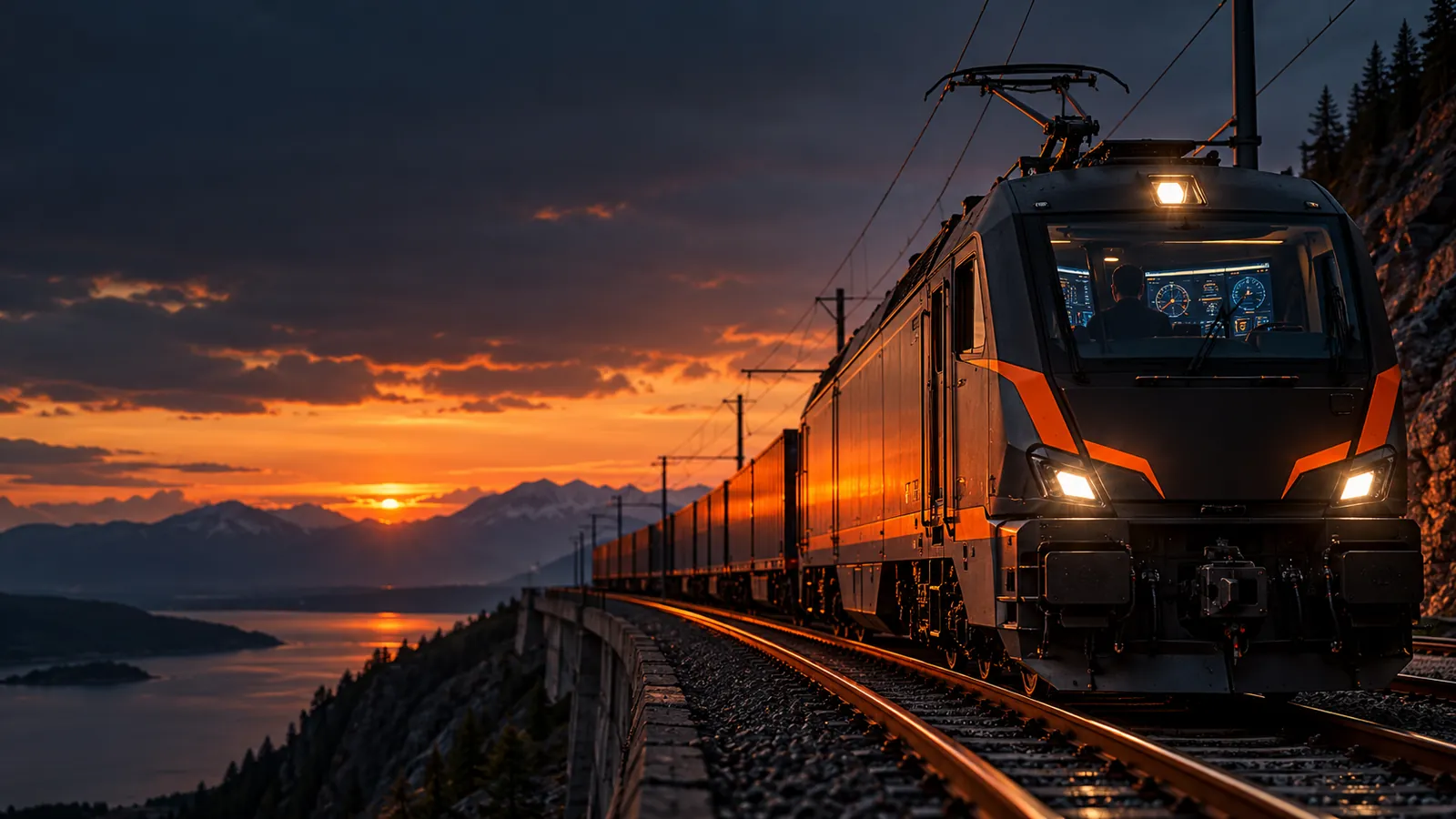 Electric locomotive at dusk with the driver display lit in the cab